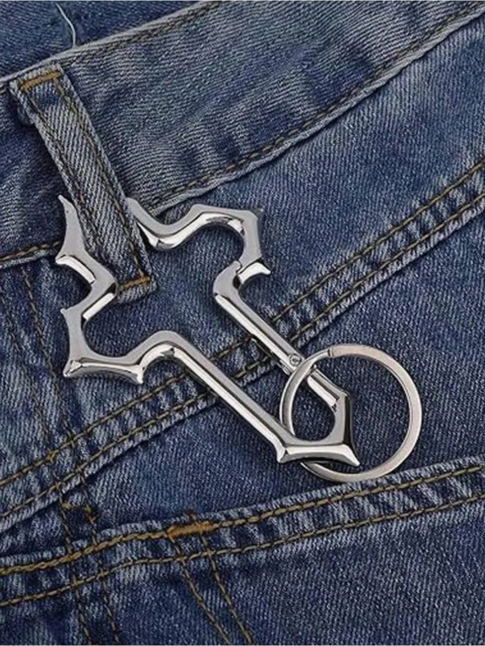 NWT Y2K Cross Carabiner Keychain, silver-tone, gothic/ grunge